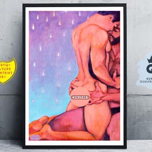 Ships fast. IN THE RAIN, oil painting of two young sexy naked men hugging, Art print or original artwork. Lgbtq+, mature gay art home décor.