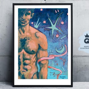 Ships fast. IN THE NIGH, oil painting of a young sexy naked man, Art print or original artwork. Lgbtq+, gay art print, gift or a home décor.