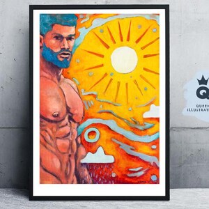 SUMMER VIBES, oil painting of a muscular naked man, Art print or original artwork. Lgbtq+ gay art print, gift or home décor, Fast shipping
