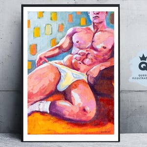 Ships fast. IN MY BED, oil painting of a young sexy naked man, Art print or original artwork. Lgbtq+, gay art print, gift or a home décor.