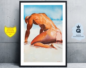 watercolour painting - BEACH BOY 2. Art print or original artwork. LGBTQ+ gay art print, gift ideas for him or as home decor