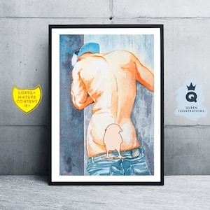 watercolour painting - BLUE JEANS. Art print or original artwork. LGBTQ+ gay art, gift ideas for him or as home decor. Mature