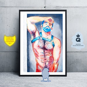 watercolour painting - BLUE HARNESS. Art print or original artwork. LGBTQ+ gay art, gift ideas for him or as home decor. mature