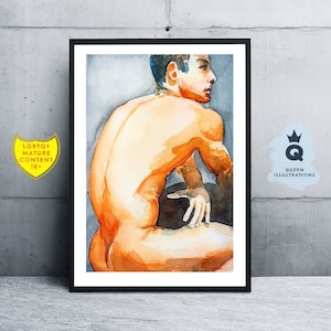 watercolour painting - BACK. Art print or original artwork. LGBTQ+ gay art, gift ideas for him or as home decor. Mature