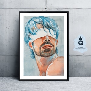 watercolour painting - BLINDFOLDED PORTRAIT. Art print or original artwork. LGBTQ+ gay art print, gift ideas for him or as home decor