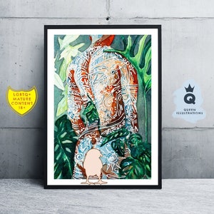 watercolour painting - PLANTS & TATTOOS. Art print or original artwork. LGBTQ+ gay art, gift ideas for him or as home decor. Mature