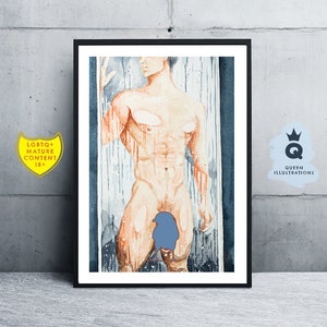 SHOWER watercolour painting, Art print or original artwork. LGBTQ+ gay art, gift ideas for him or as home decor. mature