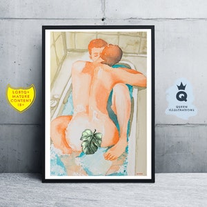 watercolour painting -BATH. Art print or original artwork. LGBTQ+ gay art, gift ideas for him or as home decor. Mature