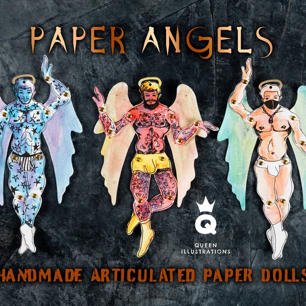 PAPER ANGELS - Articulated gay paper dolls, collectable. Handmade, Cute and hot guys  for your Christmas tree, gay festive ornament and gift