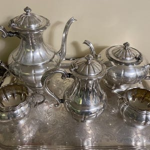 Antique Coffee Tea Set With Tray. Primrose Plate Coffee Set. Coffee Pot, Tea Pot, Creamer, Sugar Bowl, Hot Chocolate Pot. EP Copper.