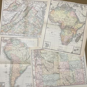 May include: A collection of antique maps, including a map of Virginia, a map of Africa, a map of South America, and a map of Wyoming. The maps are printed on aged paper with detailed geographical features and colorful accents.