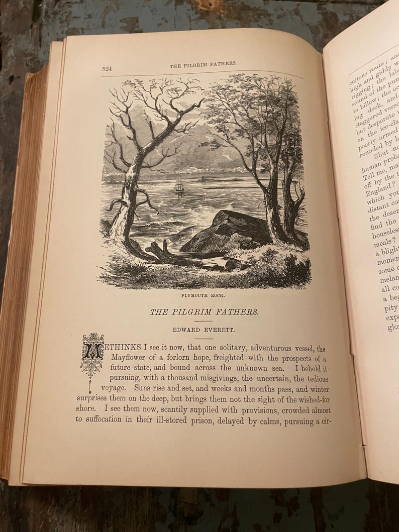 May include: A black and white illustration of a ship sailing on the water. The ship is surrounded by trees and a rocky shore. The text "PLYMOUTH ROCK" is printed below the image.