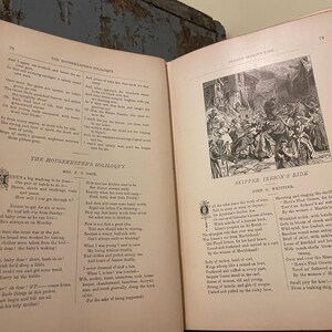 May include: An open book with two pages of text. The left page features a poem titled "The Housekeeper's Soliloquy" by M. E. Owen. The right page features a poem titled "Skipper Ireson's Ride" by John G. Whittier.