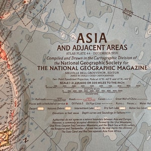 Vintage National Geographic Asia and Adjacent Areas Map. 1959. Old Map of Asia. Vintage National Geographic Magazine Map.