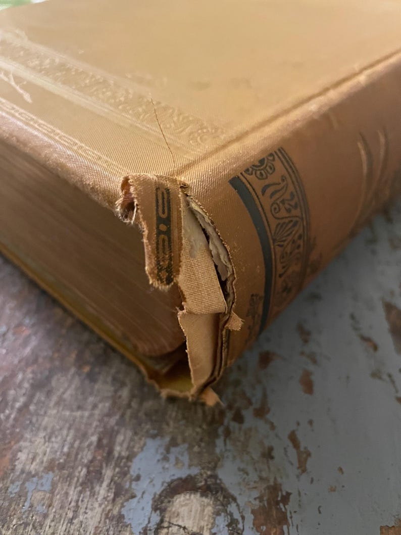 May include: Close-up of the worn, brown cover of a vintage book with gold detailing and a decorative border. The book is slightly damaged, with a torn corner and frayed edges.