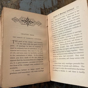May include: An open book with yellowed pages and a brown leather cover. The book is titled "Debate of Marriage Continued" and the text discusses the benefits and drawbacks of marriage.