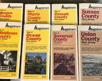 Vintage Hagstrom New Jersey County Maps. NJ Maps. Bergen, Middlesex, Morris, Ocean, Passaic, Somerset, Sussex, Union Counties.