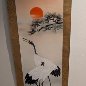 Vintage Japanese Crane & Rising Sun Hanging Scroll  Hand-Painted Kakejiku  Silk Brocade Mount  Wooden Storage Box