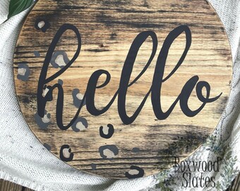 leopard wall décor / Circle Sign / leopard print / Hello door hang