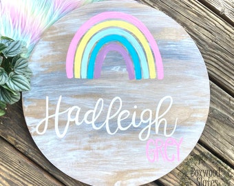 Name Sign / Bedroom decor / mountain rainbow / Custom Kid wood round /  playroom / baby shower / birthday / gift