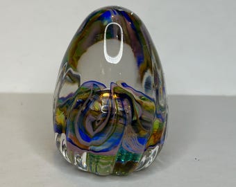 Vintage Murano Italy Egg Shape Glass Paperweight Blue Silver