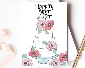 Happily ever after card, floral wedding card, wedding cake card, wedding card for couple, pretty wedding card, simple wedding card, married