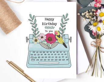 typewriter greeting card, happy birthday greeting card, vintage typewriter, type writer, vintage type writer, type writer with flowers card