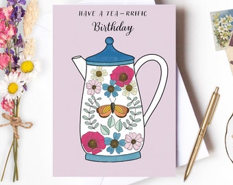 tea pot greeting card,  happy birthday flower card, blank greeting cards for her, floral birthday card, birthday card for her, floral card