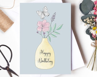 happy birthday flower card, blank greeting cards for her, floral birthday card, birthday card for her, flowers in vase, floral illustration