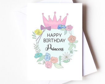 princess birthday card, princess, little girl birthday cards, girly gifts, pretty birthday card, princess card, greeting card, crown, card