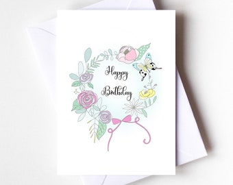 happy birthday greeting card, greeting card for her, illustrated birthday card, birthday card for her, floral birthday card, birthday card