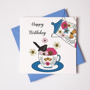 tea cup card, time for tea, cup of tea, happy birthday greeting card, birthday card for friend, afternoon tea, birthday card for her, card image 1