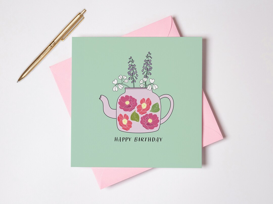 Floral Teapot Happy Birthday Card: Recycled Card Stock - Etsy