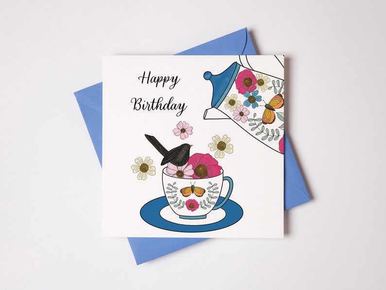 tea cup card, time for tea, cup of tea, happy birthday greeting card, birthday card for friend, afternoon tea, birthday card for her, card image 2