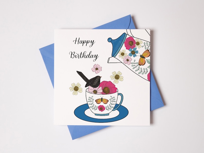 tea cup card, time for tea, cup of tea, happy birthday greeting card, birthday card for friend, afternoon tea, birthday card for her, card image 1