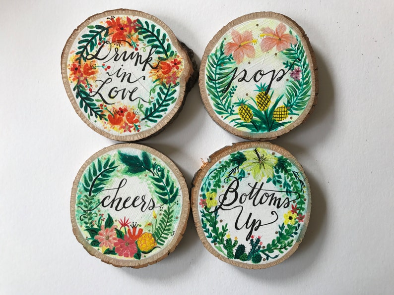 Hand Painted Wood Slice Coasters Bright Floral Wreath With Etsy