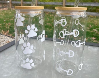 Paw Print or Horse Bits Glass Cup with Bamboo Lid & Straw