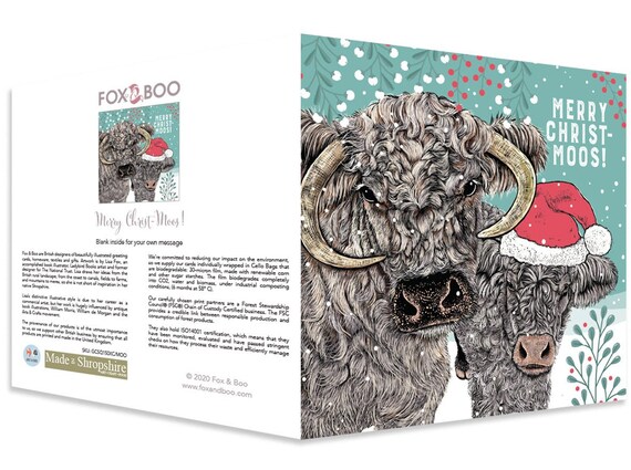 Merry Christ-Moos! Christmas Card, Cow Xmas Card, Funny, Humour, Illustration, British, UK