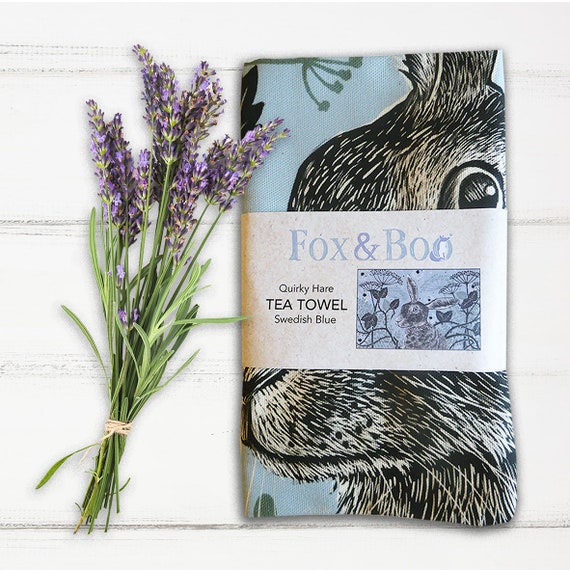 Quirky Hare Tea Towel, linocut style, illustration, woodland, kitchen, British