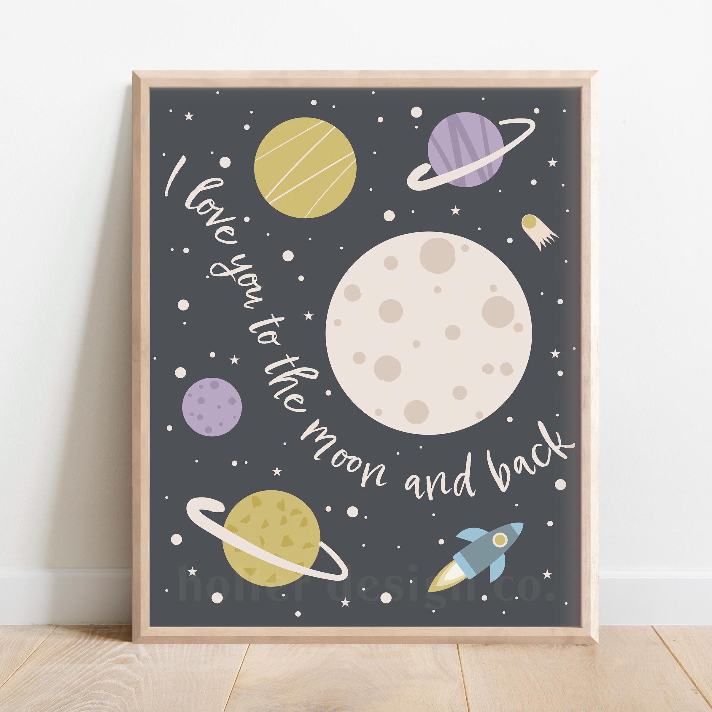 Moon & Rocket Ship Nursery Print: Outer Space Kids Wall Art (digital ...