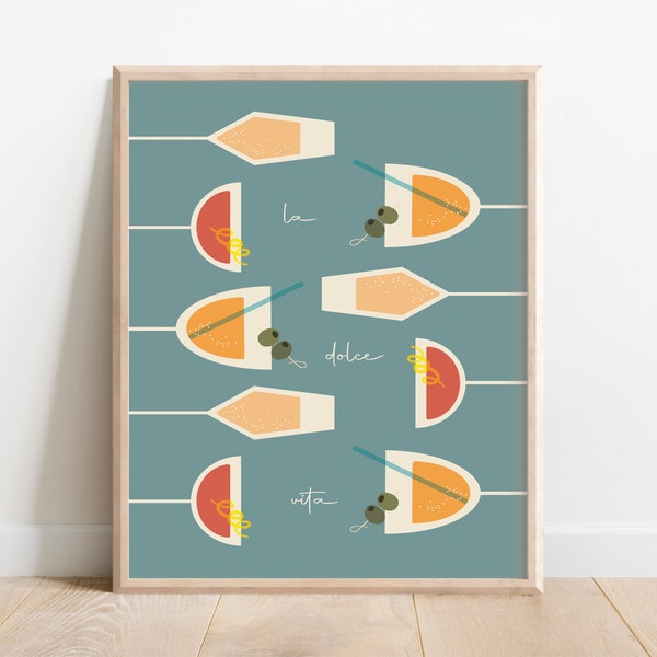 Aperitivo Print, Retro Italian Aperol Spritz Cocktail Prosecco, Cheers Happy Hour Art Poster, Teal Printable Bar Cart Decor, La Dolce Vita