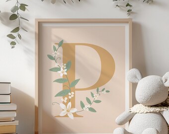 Floral Letter P Nursery Print: Custom Initial Wall Art (Digital Download)