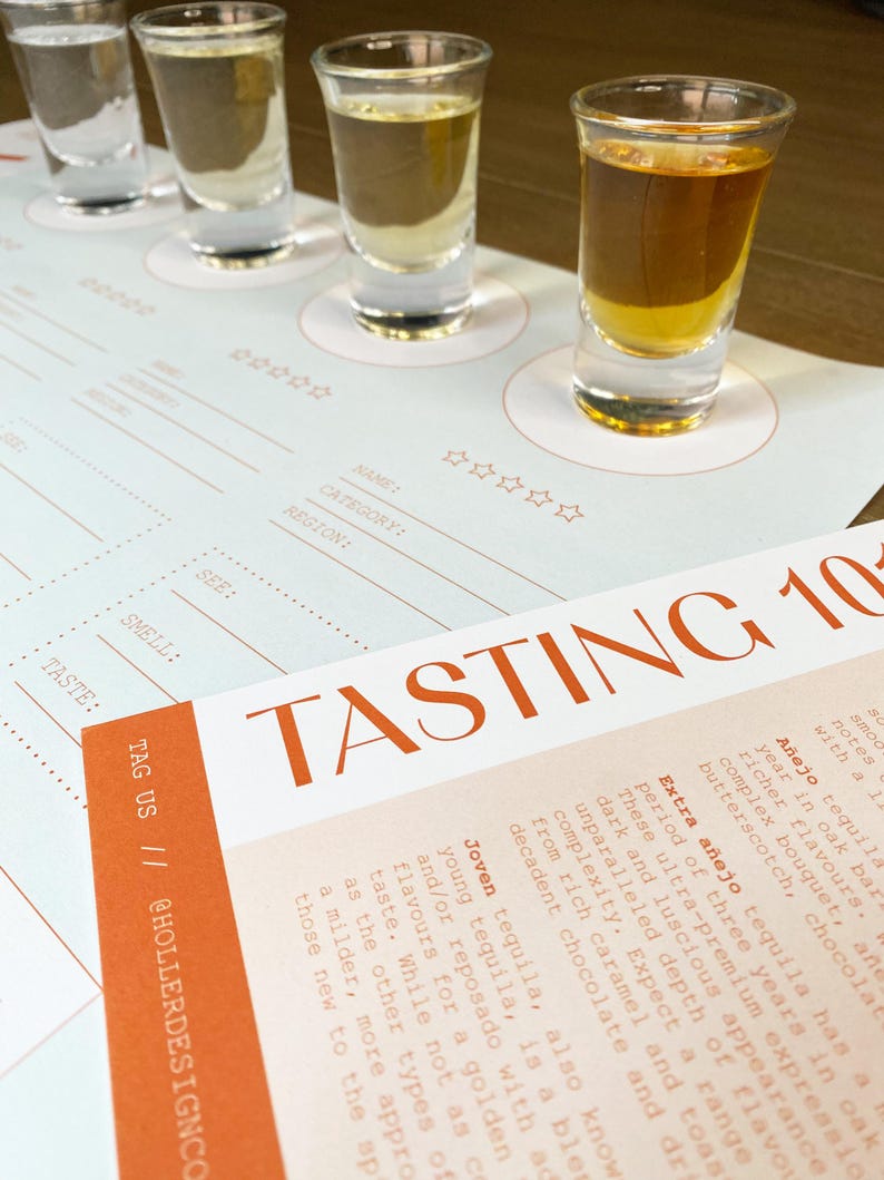 May include: A white tasting mat with four small glasses filled with clear liquid. The mat has a brown background with white text that reads "TASTING 10" and includes descriptions of different types of tequila: "A&ntilde;ejo", "Extra A&ntilde;ejo", and "Joven".