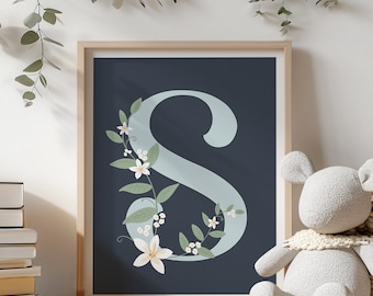 Floral Letter S Nursery Print: Monogram Initial Art (Digital Download)