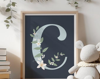 Floral Letter C Initial Print: Nursery Wall Art (Digital Download 8x10 PDF File)