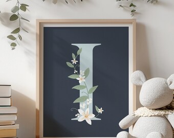 Floral Letter I Nursery Art: Custom Monogram Print (Digital Download)