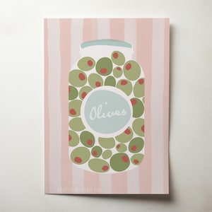 Olivenglas Print, Illustration Food, Küchendekoration, Küchendeko, druckbare Wandkunst, digitale Illustration, Foodie, Retro-Küche