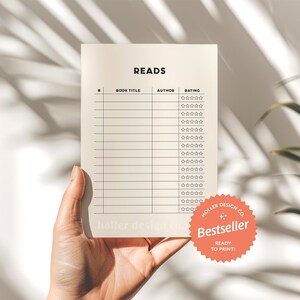 May include: A printable book tracker with the title "READS" at the top. The tracker has columns for book title, author, and rating. The rating column has rows of five stars for each book.