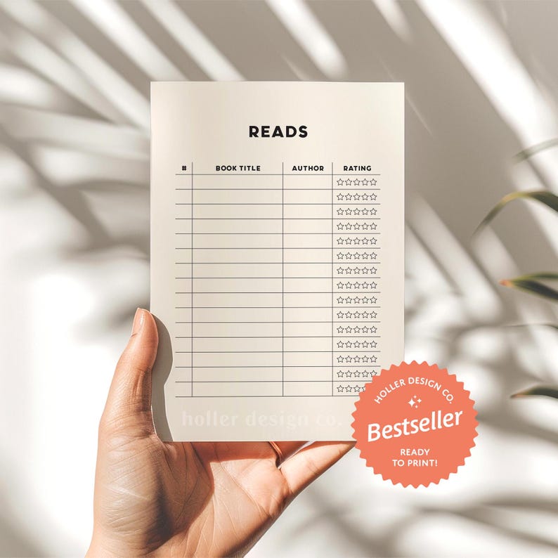 May include: A printable book tracker with the title "READS" at the top. The tracker has columns for book title, author, and rating. The rating column has rows of five stars for each book.
