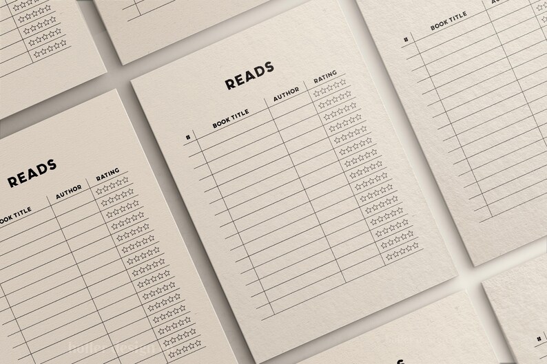May include: A printable reading log with columns for book title, author, and rating. The rating column has five stars for each book.